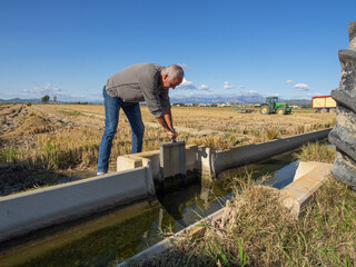Older farmer lifting an irrigation shovel in a rice field.