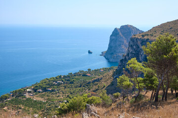 Panoramic view of Capo Zafferano rocky promontory from Monte Catalfano park in Sicily