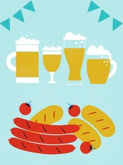 Traditional Oktoberfest beer festival. Mugs beer and  sausage illustration. Oktoberfest cartoon flat banner. Germany oktoberfest beer poster illustration. B-B-Q poster.
