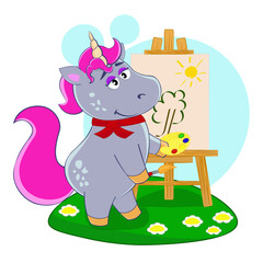 Cartoon unicorn artist painting a picture