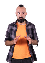 Troubled young hispanic man nervously explaining something