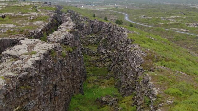 Flying over tectonic plates in Thingvellir National Park, Golden Circle, Iceland