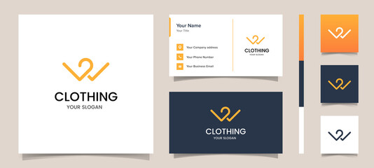 Fototapeta premium Clothing logo with hanger modern line art style good for tshirt product, boutique logo, online shop logo product with branding business card design template