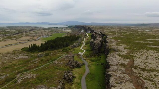 Flying over tectonic plates in Thingvellir National Park, Golden Circle, Iceland
