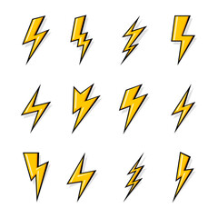 Yellow Lightning Bolt Icons Isolated on White Backdrop. Simple Icon Storm or Thunder and Lightning strike. Flash Symbol, Thunderbolt. Simple Cartoon Lightning Strike Sign