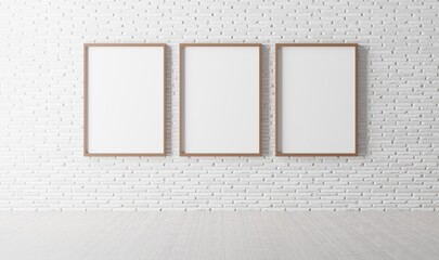 3d mock up three white frames on wall
