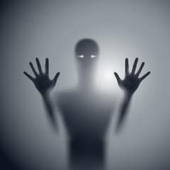 Shadow Blur of Horror Man with White Eyes Behind the Matte Glass. Blurry Hand, Body Figure Abstraction, and Two Palms. Murder or Criminal Concept