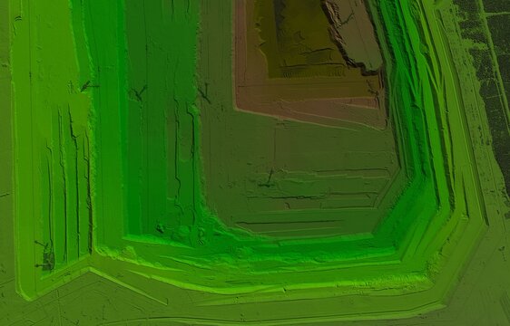 Digital elevation model. GIS product made after proccesing aerial pictures taken from a drone. It shows map of an excavation site with steep rock walls