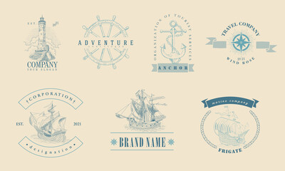 Marine-themed insignia. Vintage hand-drawn sailboats, sunken ships, map, wind rose, anchor, steering wheel, compass. Attributes of maritime navigation