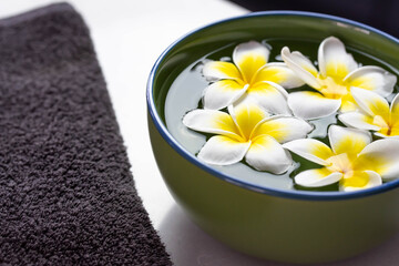 Beautiful spa composition with plumeria flowers in water.