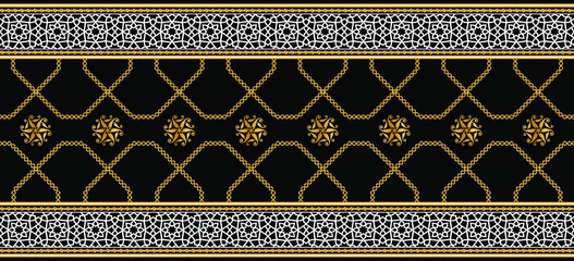 Seamless pattern decorated with precious stones, gold chains and pearls.	