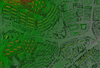 Digital elevation model. GIS product made after proccesing aerial pictures taken from a drone. It shows city urban area with roads and suburbs