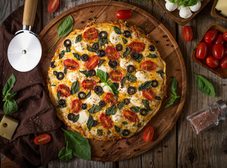 Italian pizza and ingredients. Wooden structure. High angle view. Beautiful composition. Restaurant, hotel, pizzeria, delivery. Design of dishes.