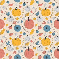 Vector seamless autumn pattern of orange, red, blue, and grey pumpkins and leaves stylized in a flat and doodle style in the light background. Hand-drawn fall texture.Background for textile wallpapers