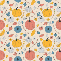 Vector seamless autumn pattern of orange, red, blue, and grey pumpkins and leaves stylized in a flat and doodle style in the light background. Hand-drawn fall texture.Background for textile wallpapers