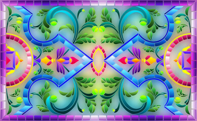 Illustration in stained glass style with abstract flowers, leaves and curls on a light background, rectangular horizontal image in frame