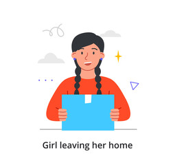 Young happy female character is packing up to move to a new place on white background. Concept of people leaving their places to move to a better one. Flat cartoon vector illustration