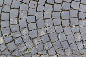 Old gray cobblestones with pebbles and sprouts. Top view. Horizontal orientation.