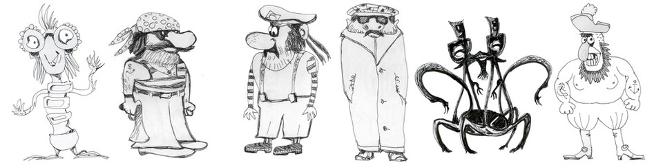 Pirates, a group of funny pirates. Drawing cartoon style.	