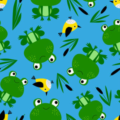 Endless background. Cute stylized frog and bird. Seamless repeat pattern. Cartoon doodle. Vector pattern, design for textiles, packaging, paper on a white background.