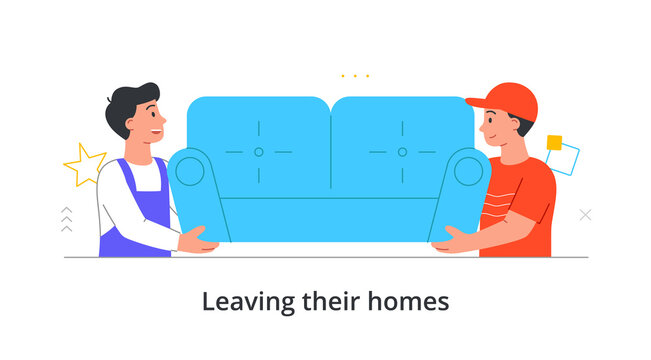 Two Male Transportation Sevice Character Are Moving Couch To A New Place On White Background. Concept Of Transportation Service Helping To Relocate To A New Home. Flat Cartoon Vector Illustration