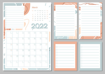March 2022 calendar month planner in pastel color, week starts on Sunday, planner and notes pages collection set. Drawing page for notes, notebooks, diary, organizer and schedule