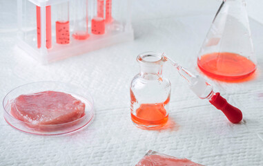 Cultivated steak, meat from the plant stem cell, New food innovation, no killing. Laboratory grown meat concept