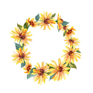 Round wreath of yellow watercolor flowers with green leaves on a white background. Autumn illustration