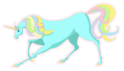 Bowing blue unicorn. Design for print, sticker, applique, etc.