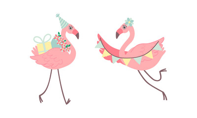 Cute Pink Flamingo in Birthday Party Hat Carrying Gift Box and Garland Vector Set