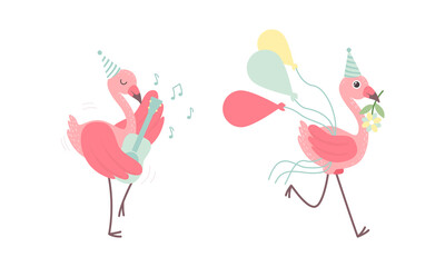 Cute Pink Flamingo in Birthday Party Hat Carrying Bunch of Balloons and Playing Guitar Vector Set