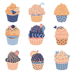 Set of cute little cupcakes with cream and berries. Delicious dessert with different decor. Blue pastel sprinkles muffins collection. Vector illustration on white background.