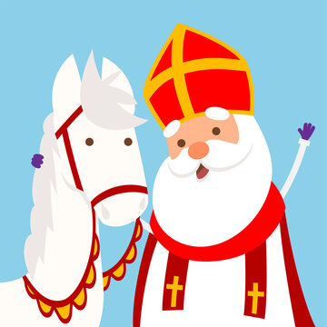 Cute Horse and Sinterklaas or Saint Nicholas hugging - vector illustration