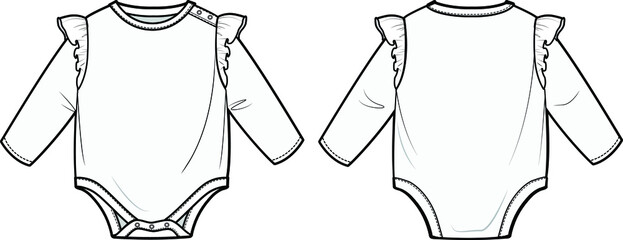 Baby Girl's Romper Bodysuit Front and Back View fashion illustration vector, CAD, technical drawing, flat drawing.