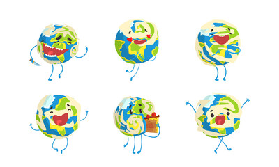 Funny Earth Planet Showing Different Emotions Set, Globe Character Activity Cartoon Vector Illustration