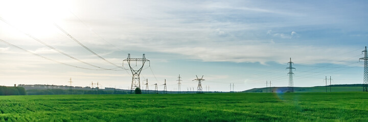 Transmission tower, power tower or electricity pylon. High-voltage powerline or overhead power...