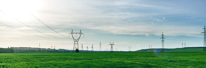 Transmission tower, power tower or electricity pylon. High-voltage powerline or overhead power...