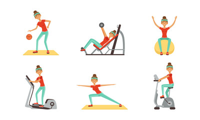Fototapeta na wymiar Young Woman Doing Fitness Workout Set, Girl Training with Sports Equipment, Riding Exercise Bike and Practicing Yoga Cartoon Vector Illustration