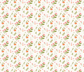 Floral seamsless pattern on yellow pastel background. Pretty pink cute flowers. Printing with small flowers. Seamless texture. Spring bouquet template for fabric. Flat cartoon vector illustration