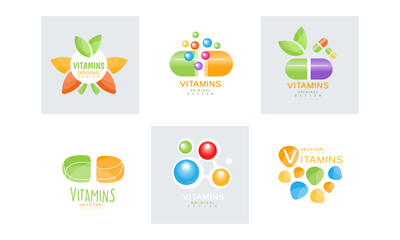 Vitamins Logo Design Set, Natural Supplements Labels Cartoon Vector Illustration