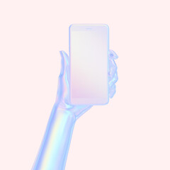 3d holographic hand holding phone illustration, mobile in abstract hand
