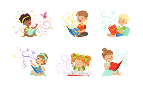 Adorable Children Reading Fairytale Fantasy Books Set, Kids Imagination Concept Cartoon Vector Illustration