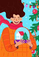 Laughing woman holding snow globe with house and xmas tree inside. Merry Christmas and Happy New Year hand drawn poster. Celebration eve drawing greeting card. Vector eps illustration