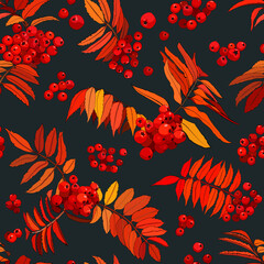 Seamless pattern of leaves, branches and fruits of a tree on a dark background. Creative collage with rowan leaves and fruits. Design for paper, cover, fabric, interior decor and other users.