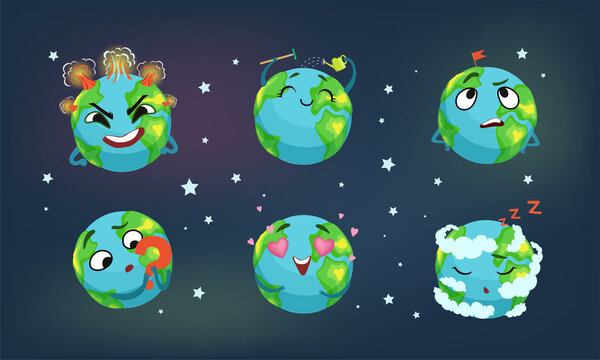 Earth Planet Characters Set, Earth Globe with Funny Faces Cartoon Vector Illustration © topvectors