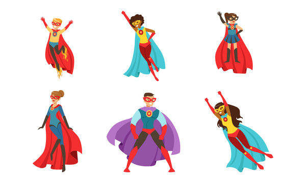 Superhero Characters Set, Brave Superman and Superwoman Characters Flying Wearing Costumes and Capes Cartoon Vector Illustration