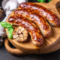 fried sausages fresh pork, beef or lamb fresh portion ready to eat meal snack on the table copy space food background rustic. top view