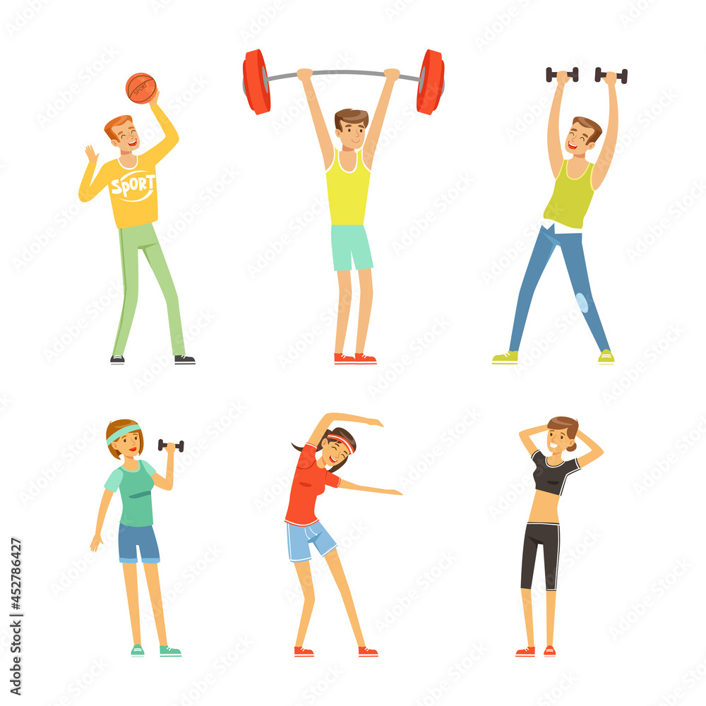 Sticker young people character doing sport and physical exercise training body and muscle in gym vector set