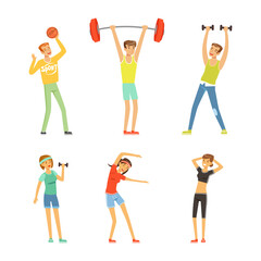 Young People Character Doing Sport and Physical Exercise Training Body and Muscle in Gym Vector Set
