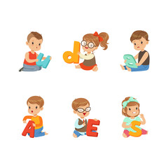 Preschool Boy and Girl Sitting on the Floor with Big Alphabet Letter Vector Set